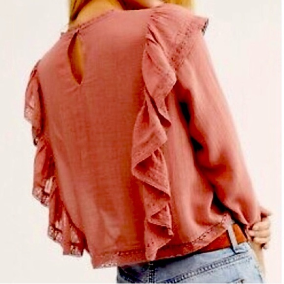 FREE PEOPLE Jasmine Victorian Ruffle Lace Trim Cropped Blouse Rose Size XS - Picture 7 of 13